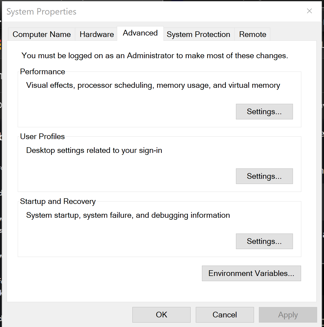 System Properties window